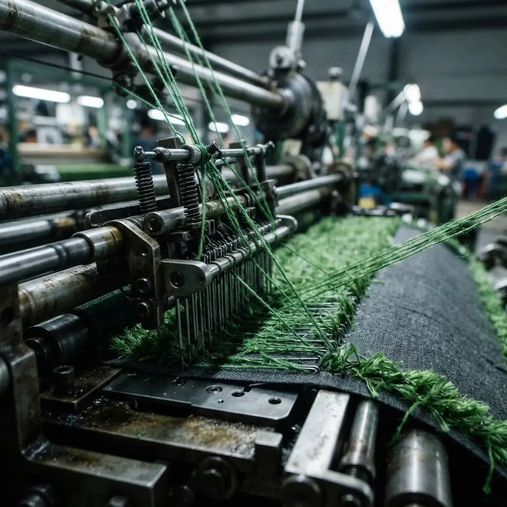 Close-up of tufting machinery producing artificial turf