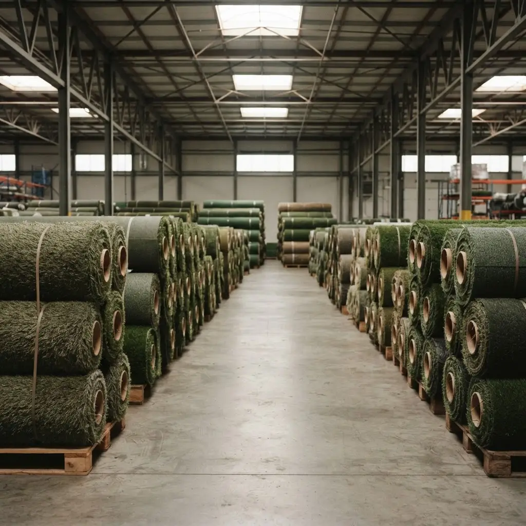 Rolled artificial turf stock in quality-controlled storage