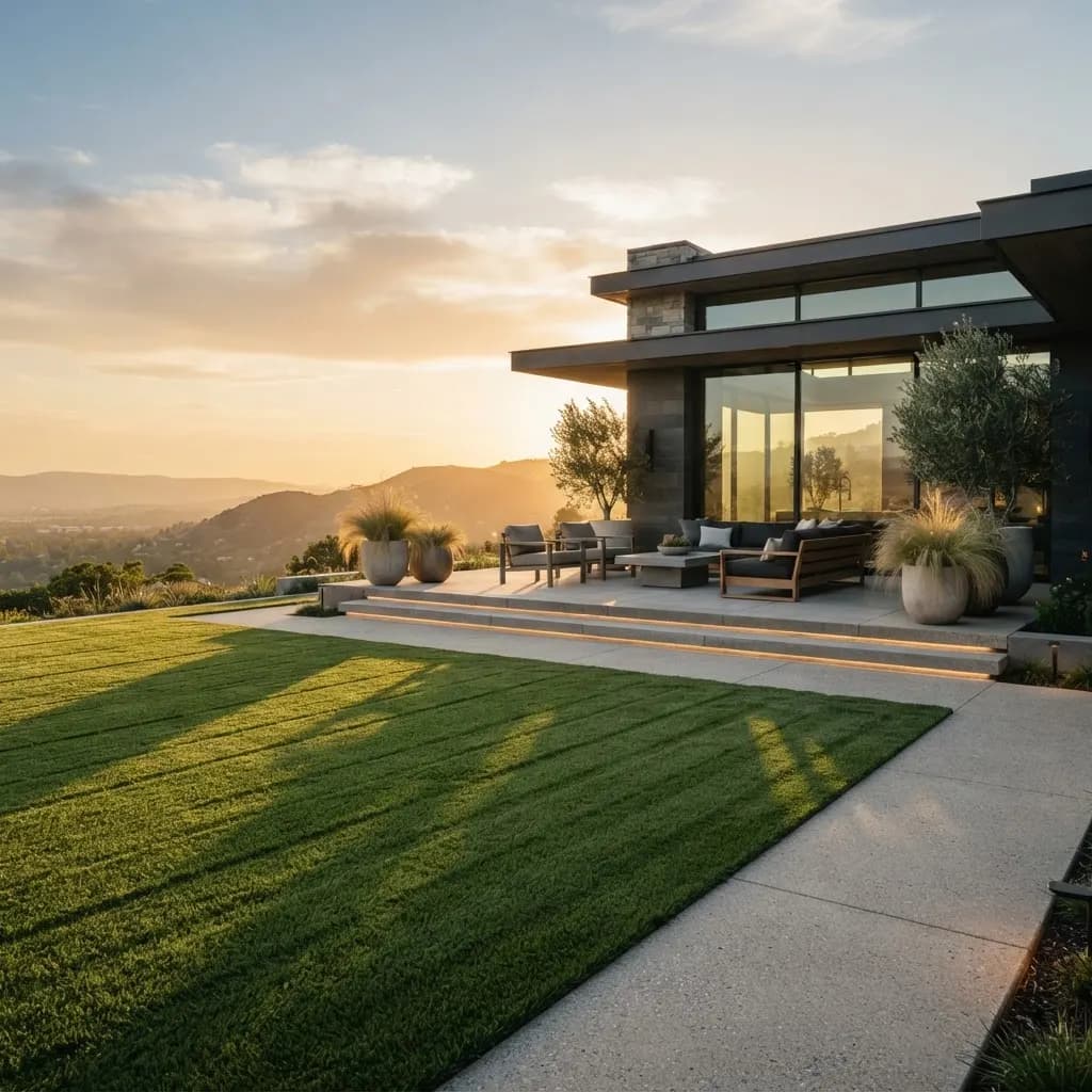 Modern villa terrace with a lush SENWELLS artificial turf lawn at golden hour